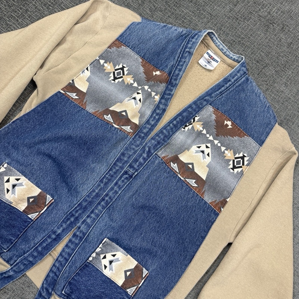Jerzees Southwest Open Front Sweatshirt Aztec Size Large Cowboy Denim Fleece